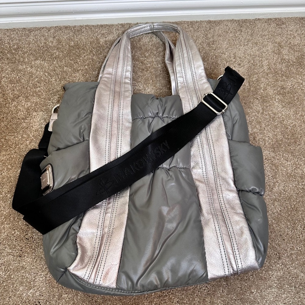 B. Makowsky‎ Metallic Silver Grey Puffer Tote Bag Leopard Print Lining Crossbody